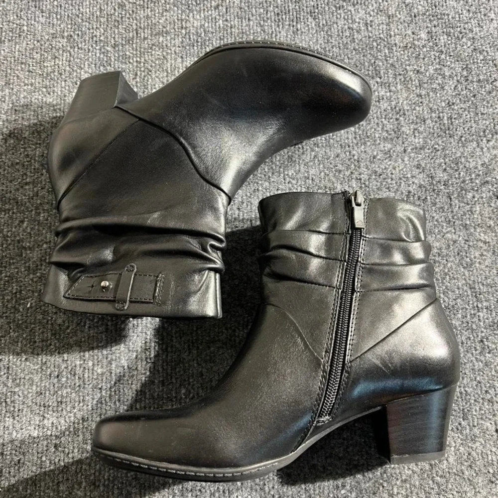 Earth Black Leather Pleated‎ Ankle Boots Womens 8.5 Side Zip Block Heel Shoes